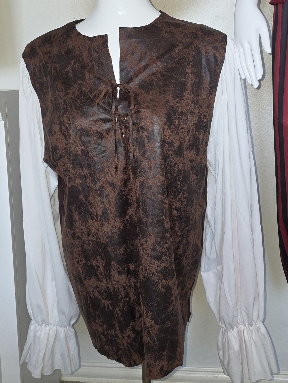 Renaissance Medieval Pirate Costume Top Brown Faux Leather Vest White Sleeves